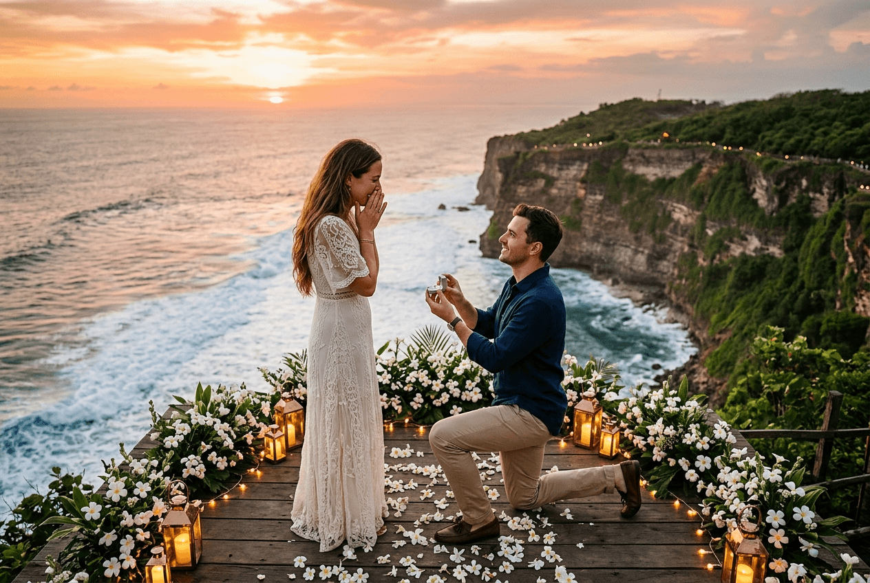Plan an extraordinary marriage proposal in Bali — bespoke floral styling, champagne celebration, and romantic detail