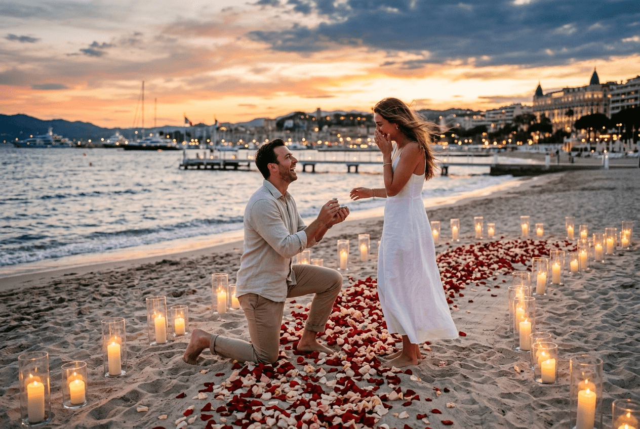 Candlelit rose and champagne proposal on a private Cannes beach