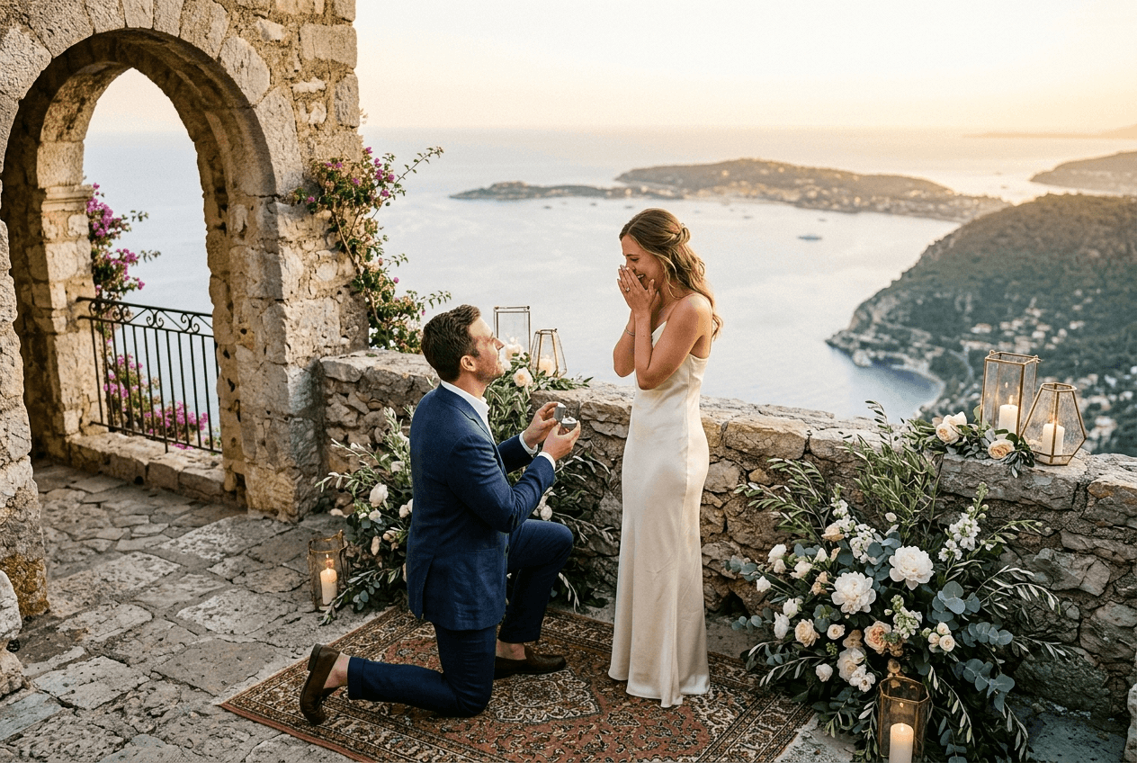 Marriage Proposal in Èze — exclusive private setting and panoramic vista