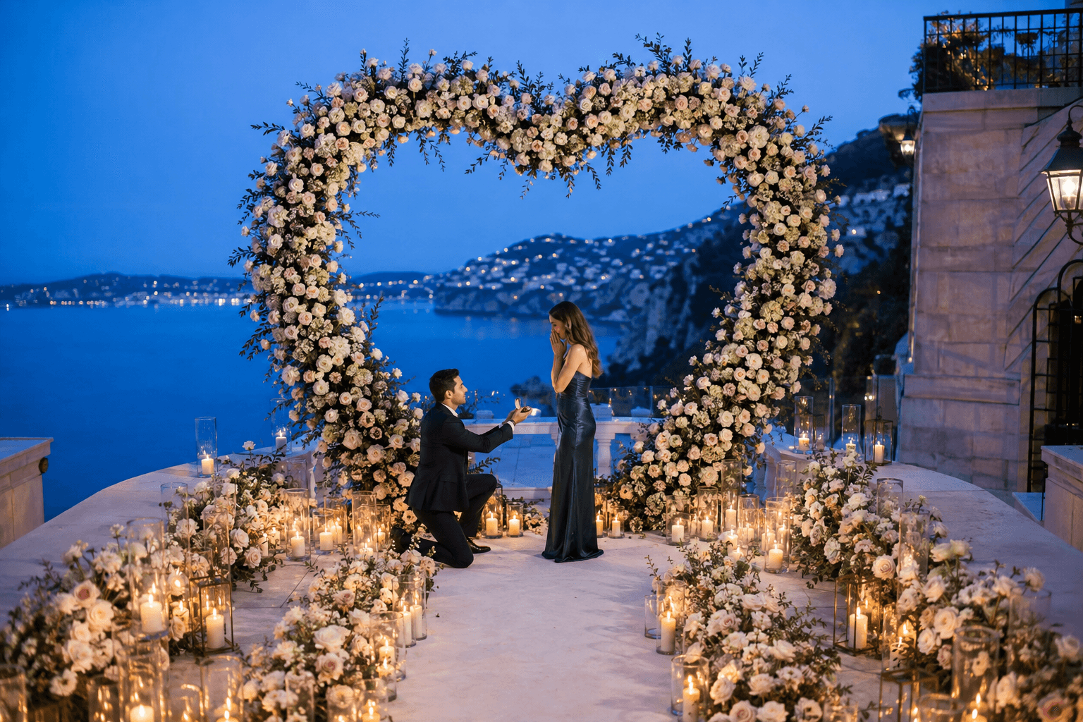 Plan an extraordinary marriage proposal in Cannes — bespoke floral styling, champagne celebration, and romantic detail