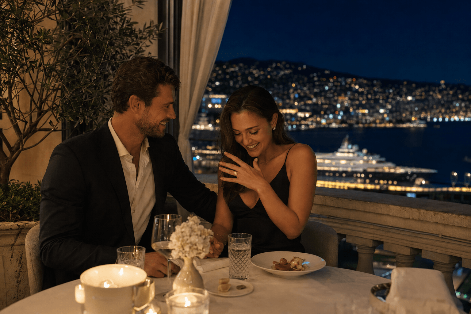 Rooftop Proposal in Monaco — bespoke floral styling, champagne celebration, and romantic detail