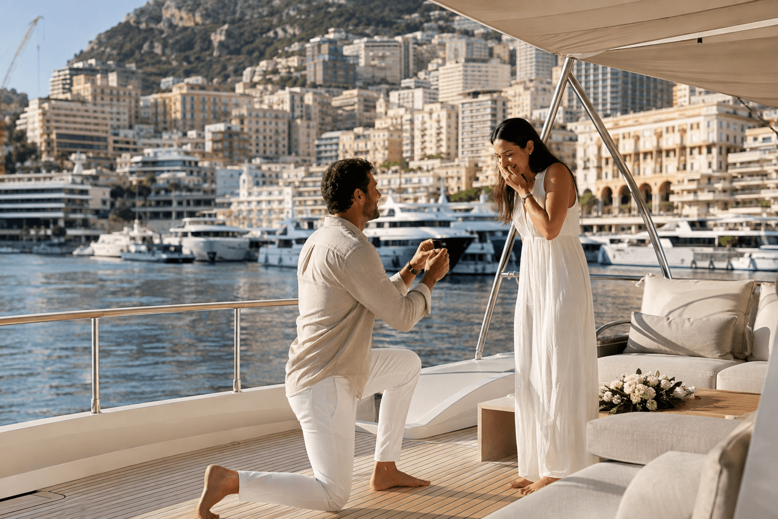 Plan an extraordinary marriage proposal in Monaco — bespoke floral styling, champagne celebration, and romantic detail