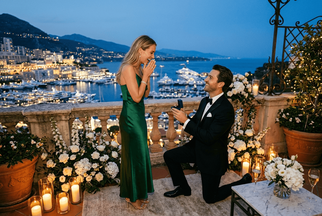 Plan an extraordinary marriage proposal in Monaco — breathtaking surprise proposal moment and emotional reaction