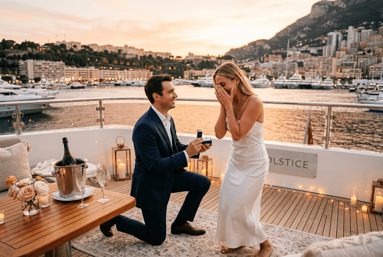 Luxury floral heart proposal setup on a private French Riviera villa terrace