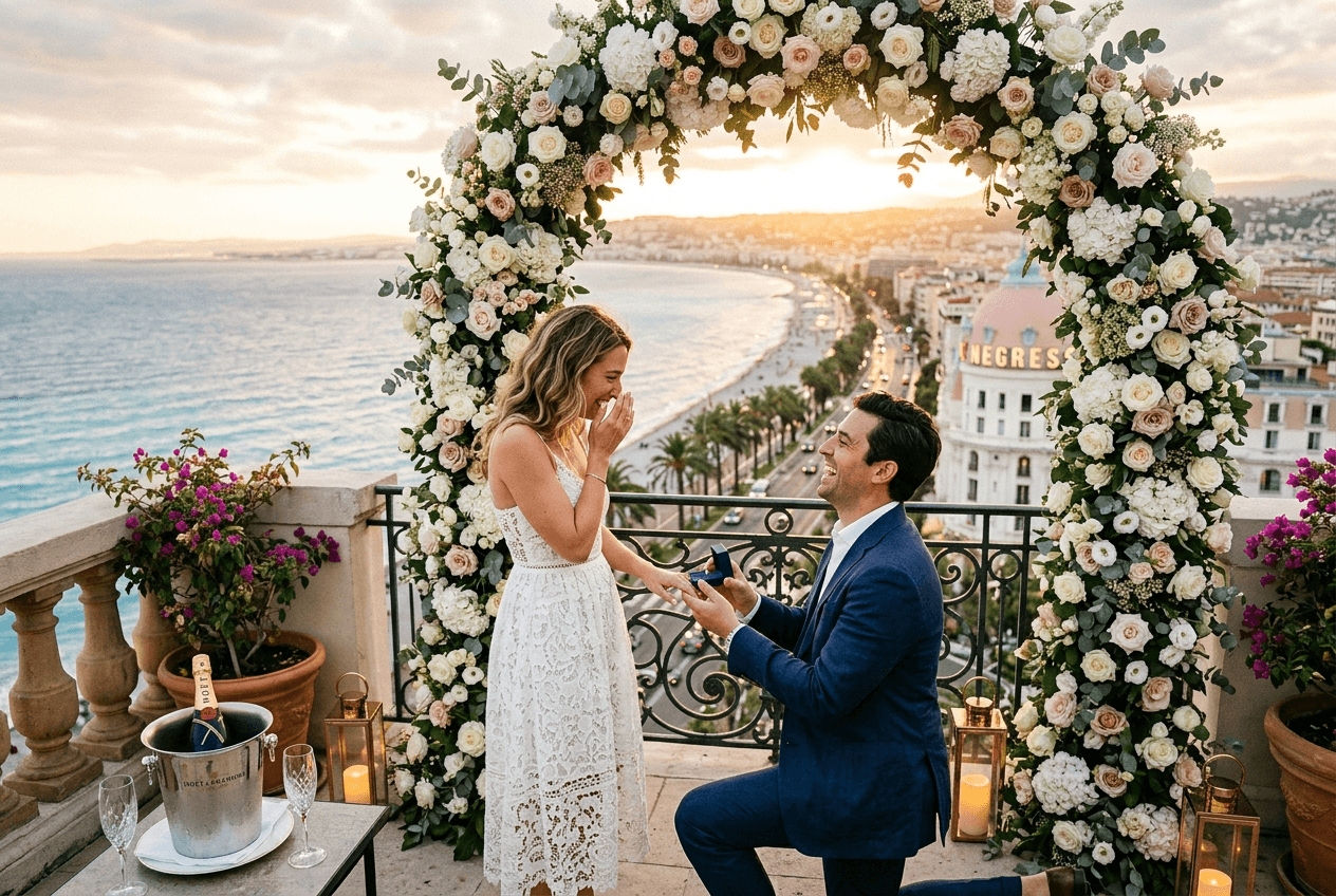Private superyacht marriage proposal at sunset in Monaco Port Hercules