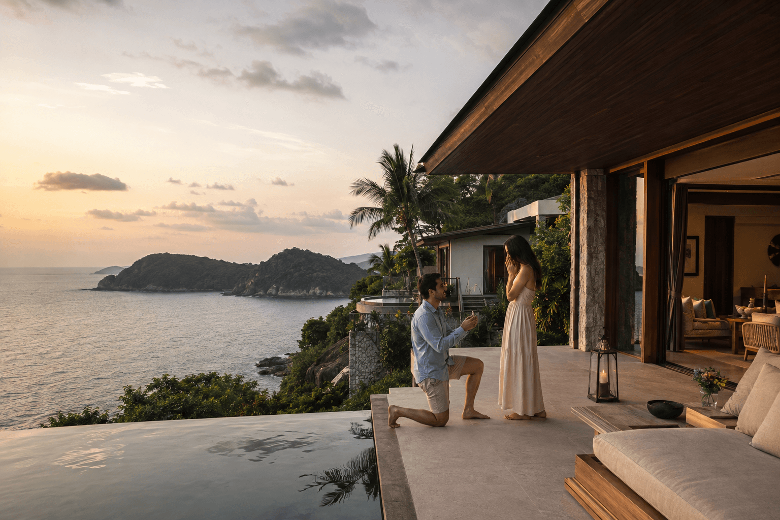 Plan an extraordinary marriage proposal in Phuket — bespoke floral styling, champagne celebration, and romantic detail