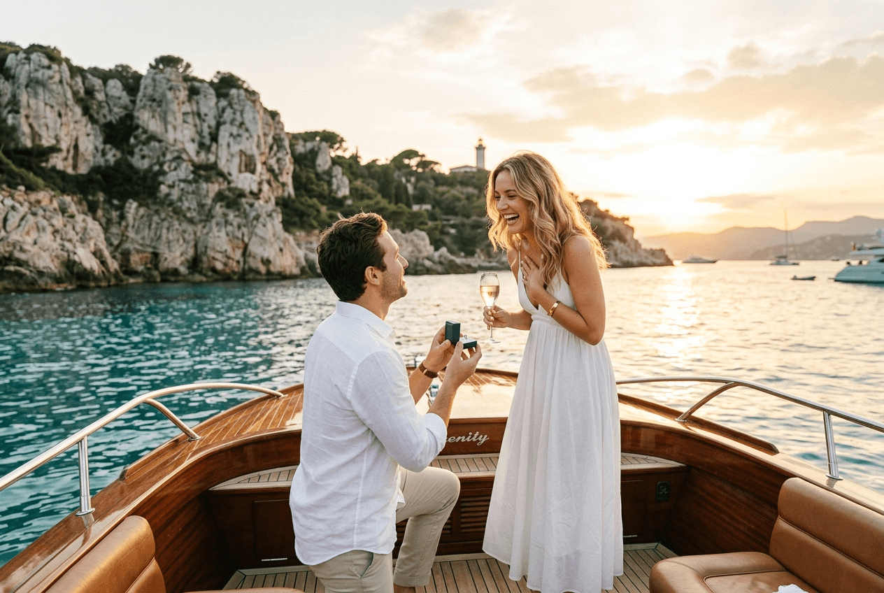 Plan an extraordinary marriage proposal in Cannes — breathtaking surprise proposal moment and emotional reaction