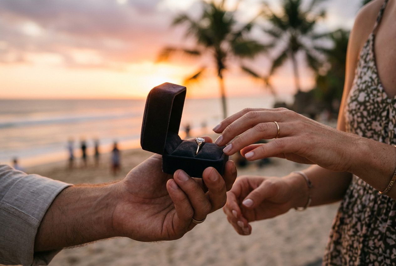 Engagement ring at the moment of a proposal in Bali