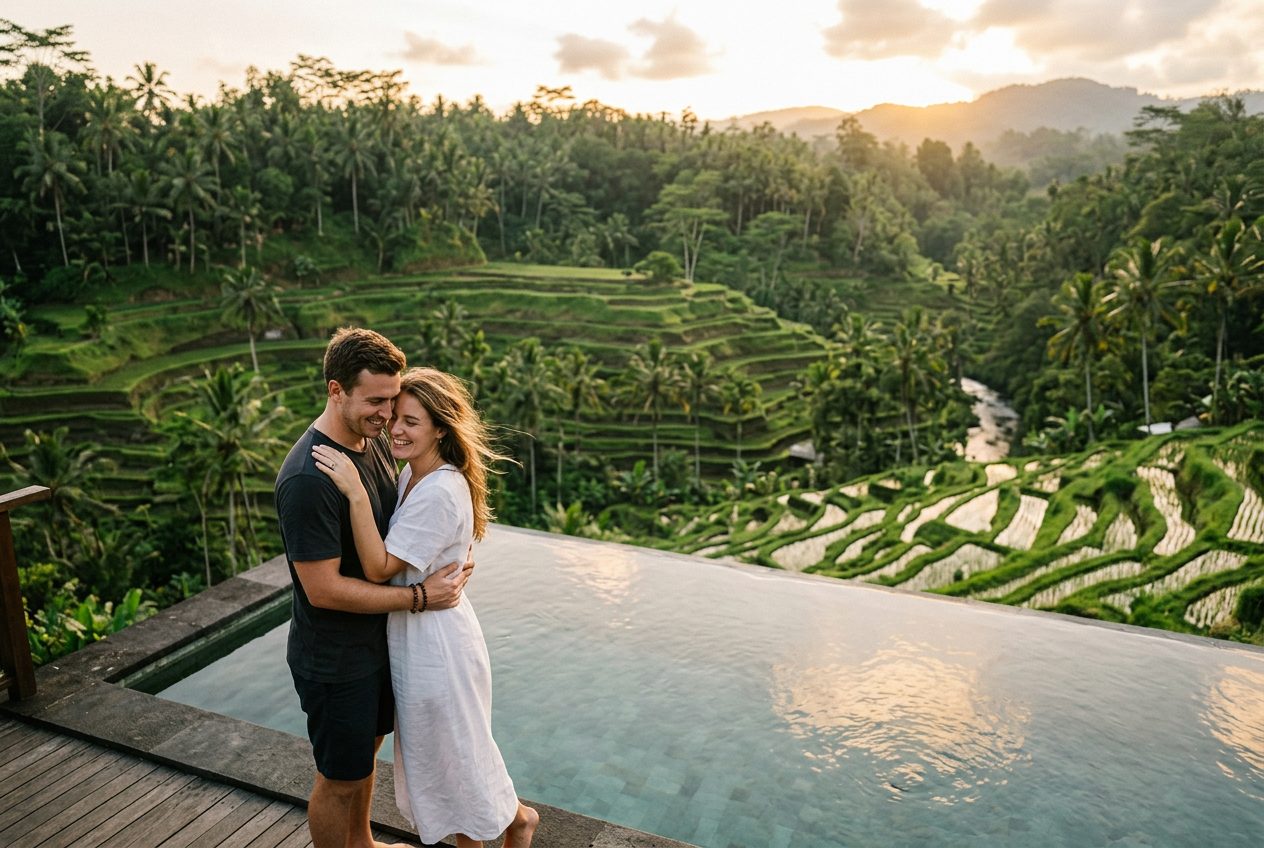 Ubud jungle villa in Bali — a romantic spot to propose (infinity pool over rice terraces and rainforest)