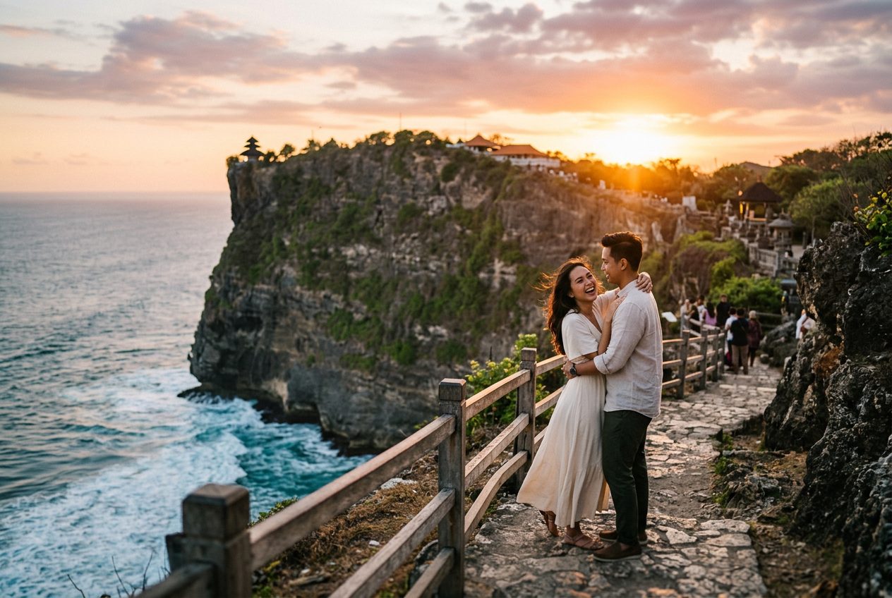 Uluwatu clifftop in Bali — a romantic spot to propose (temple cliffs 70m above the Indian Ocean, dramatic sunsets)
