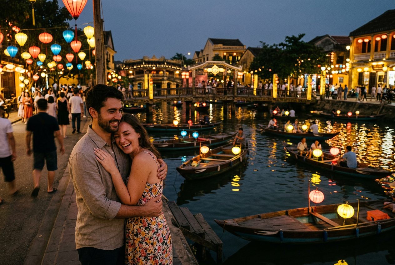 Hoi An lantern riverside in Da Nang — a romantic spot to propose (old-town canals lit with lanterns after dark)