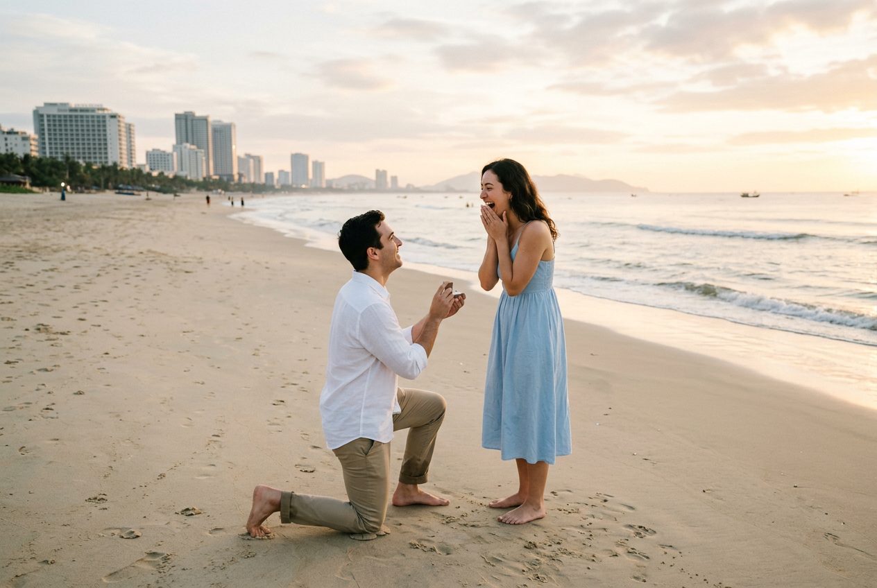 Marriage proposal at My Khe Beach (south end) in Da Nang at sunset