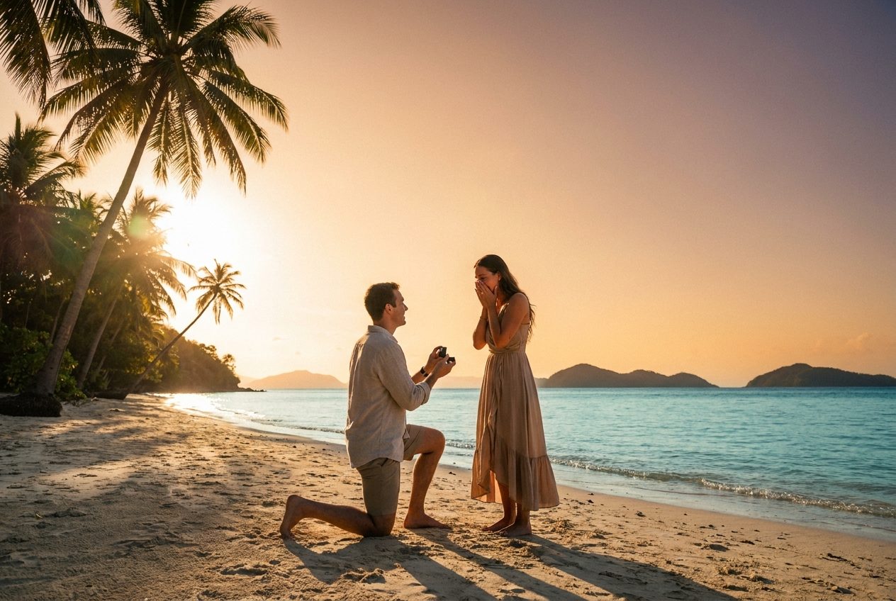A marriage proposal on a tropical beach at golden hour