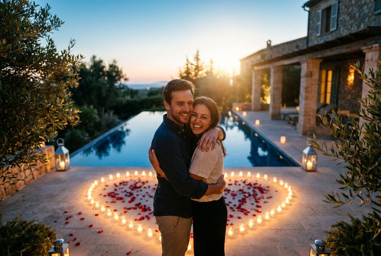 A candle-lit villa proposal setup at dusk