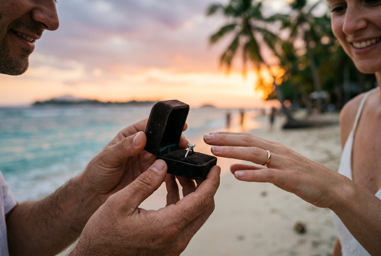 Engagement ring at the moment of a proposal in Gili Islands