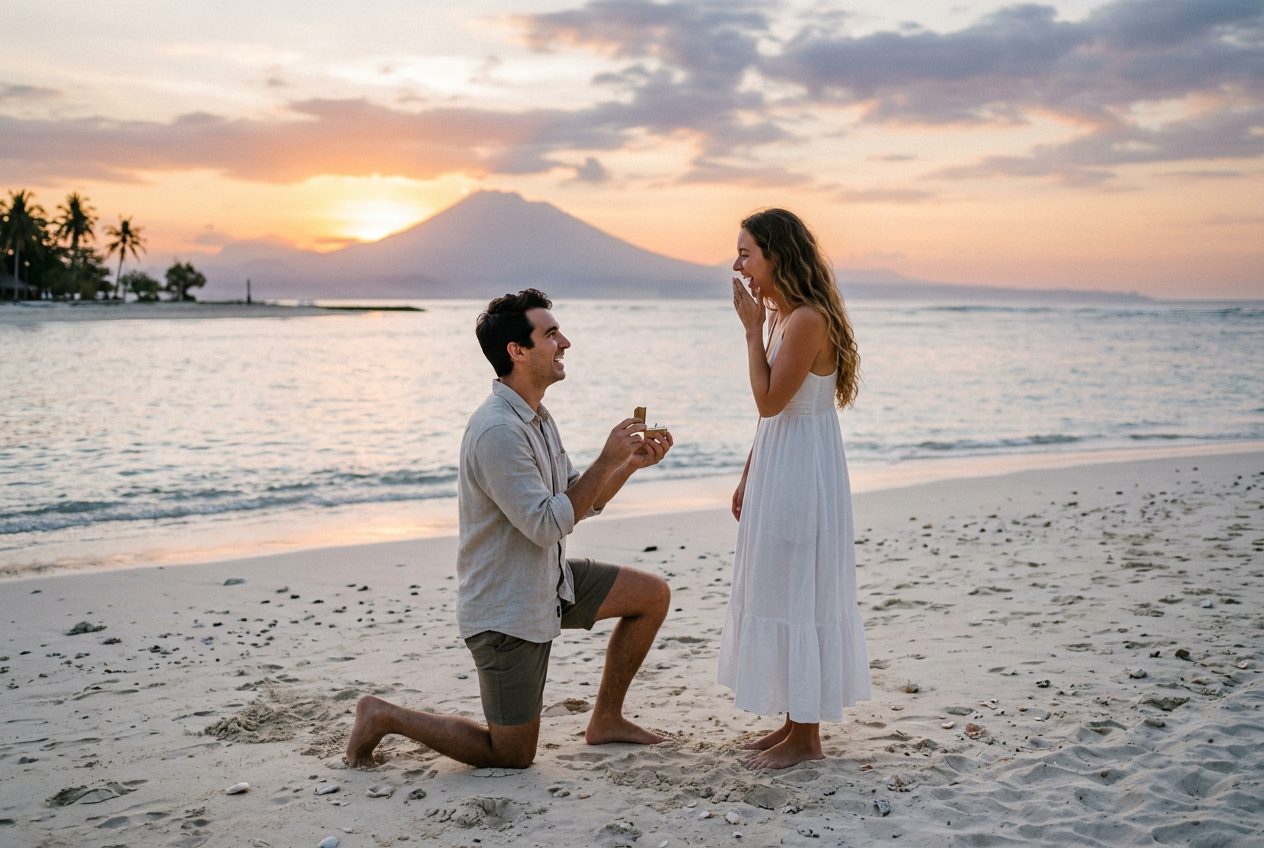 Marriage proposal at Gili Meno west beach in Gili Islands at sunset