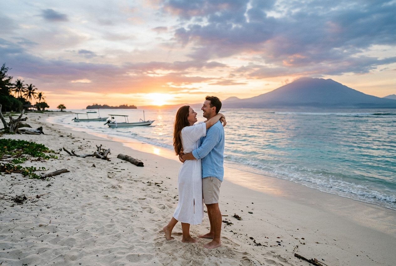 Gili Meno west beach in Gili Islands — a romantic spot to propose (quiet honeymoon island, powder sand, sunset over Bali's Agung)