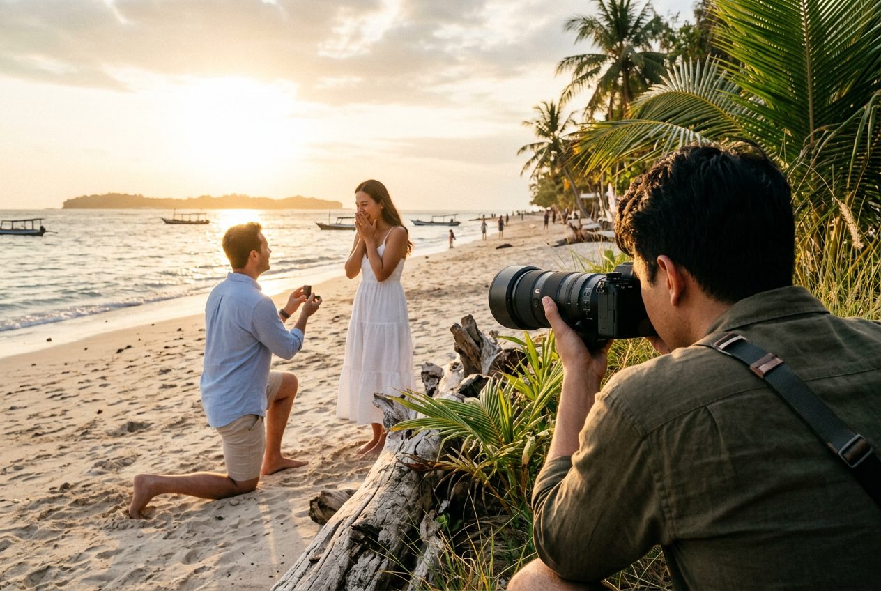 A hidden photographer capturing a proposal in Gili Islands