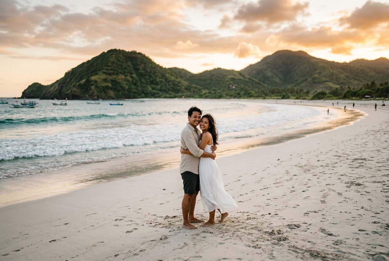 Selong Belanak in Lombok — a romantic spot to propose (wide crescent bay, gentle water, sunset light)