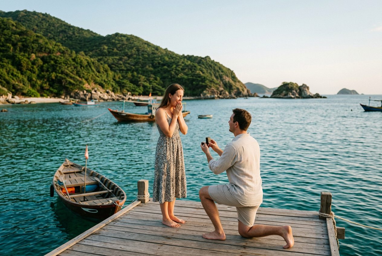 Marriage proposal at Hon Mun island in Nha Trang at sunset