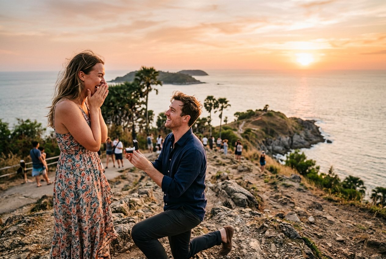 Marriage proposal at Promthep Cape in Phuket at sunset