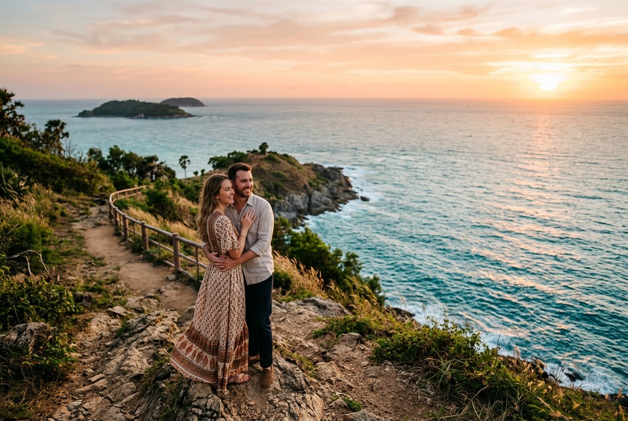 Promthep Cape in Phuket — a romantic spot to propose (cliff sunset over the Andaman Sea, arrive by 6:00pm)
