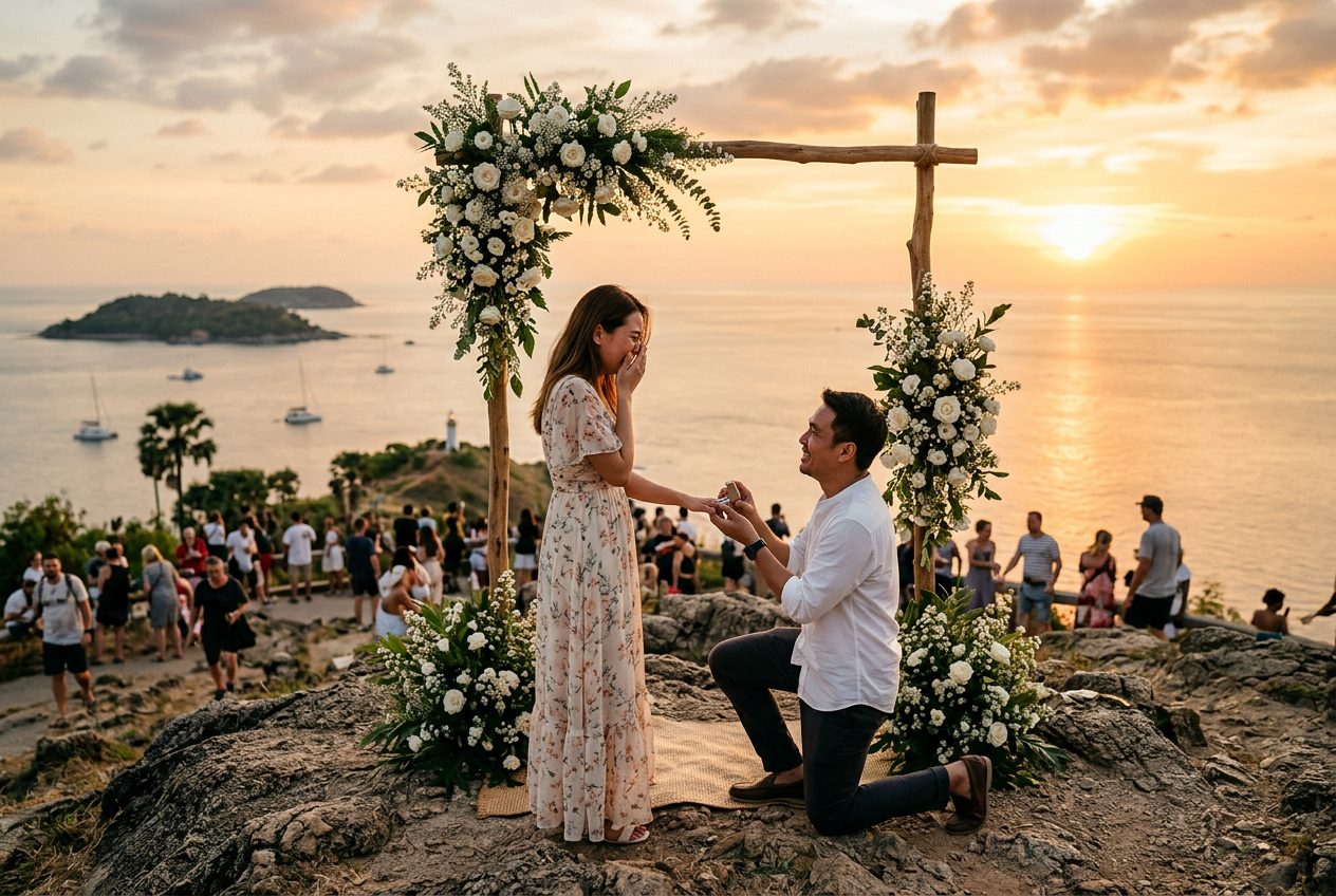 Cliff-top sunset at Promthep Cape — a proposal scenario we plan in Phuket