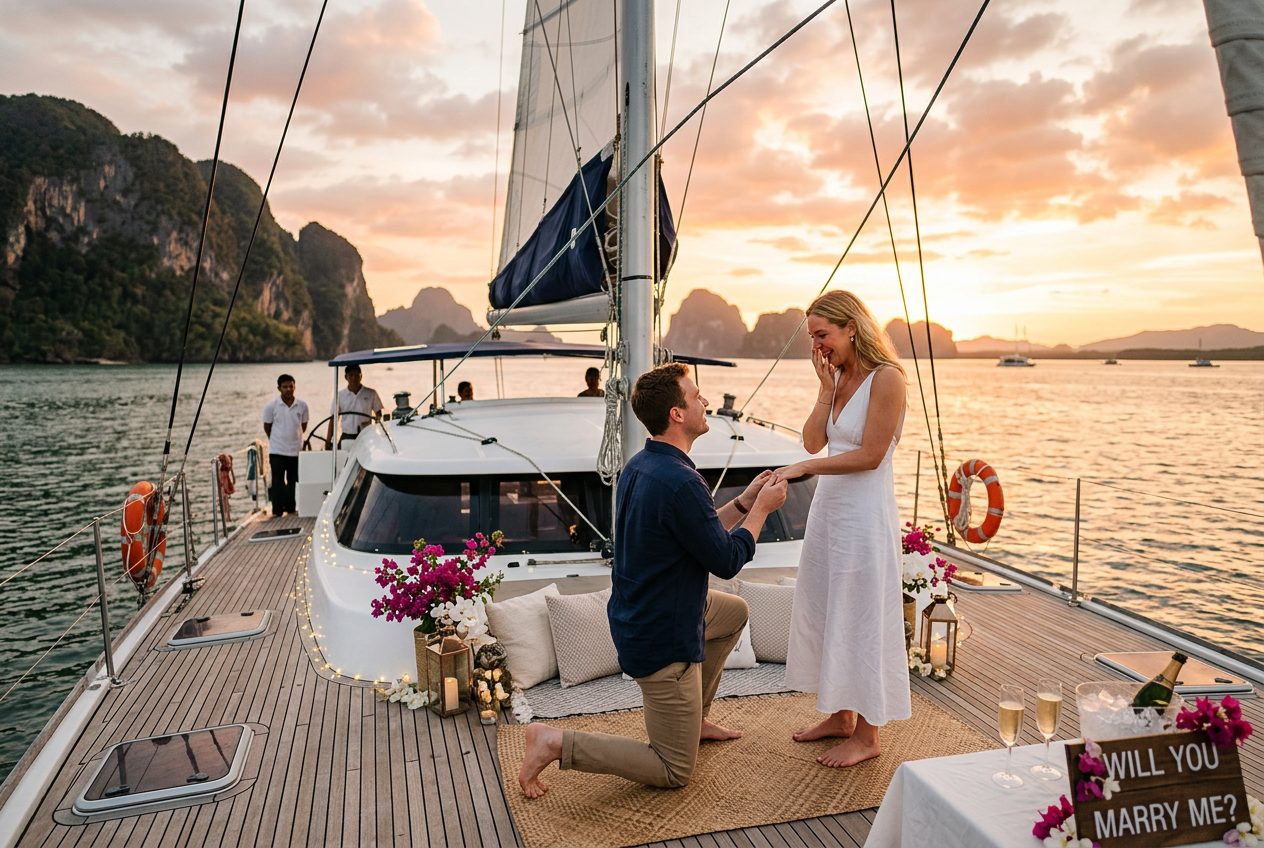 Sunset catamaran proposal — a proposal scenario we plan in Phuket