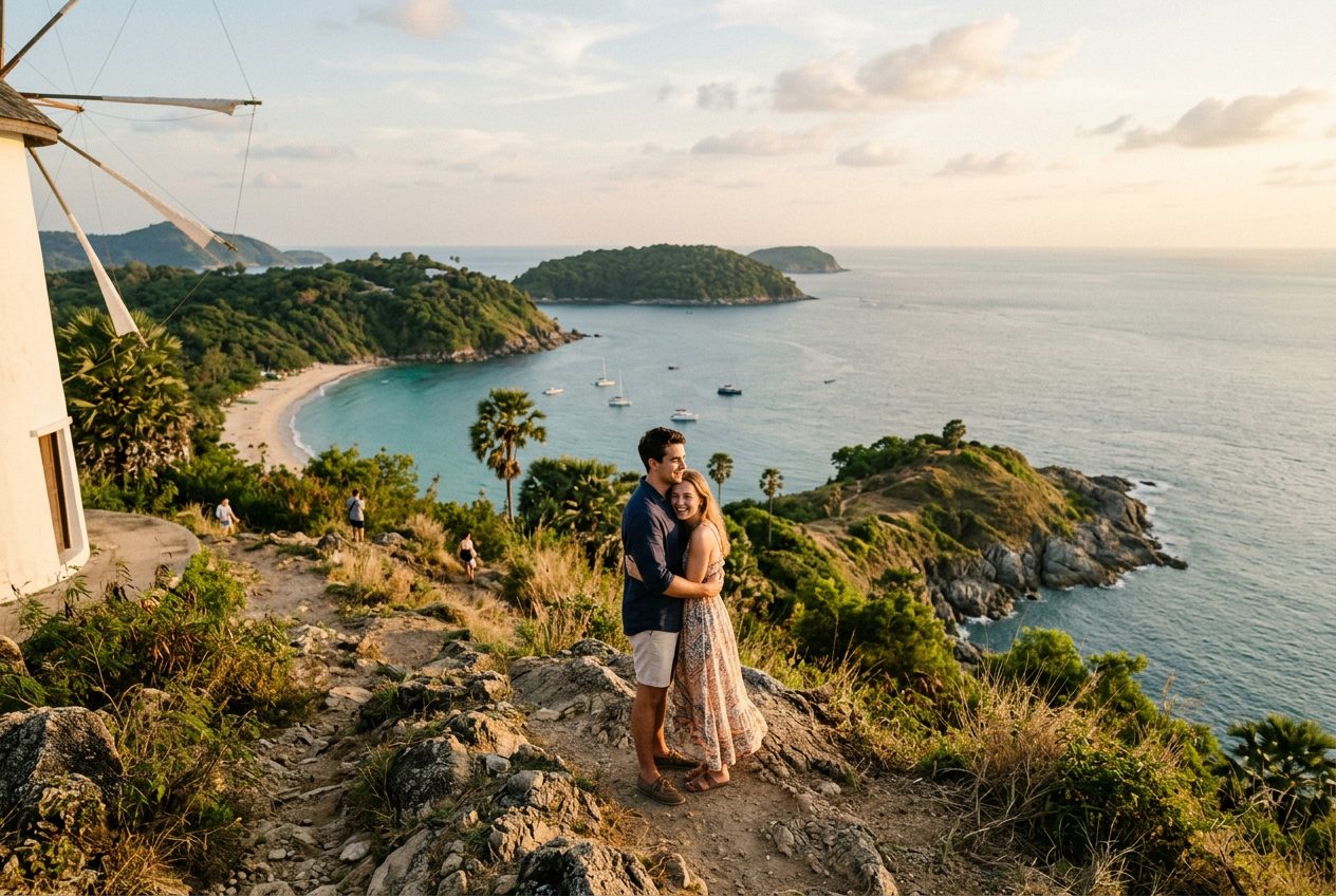 Windmill Viewpoint in Phuket — a romantic spot to propose (panorama over Nai Harn and Ya Nui, fewer tourists than Promthep)