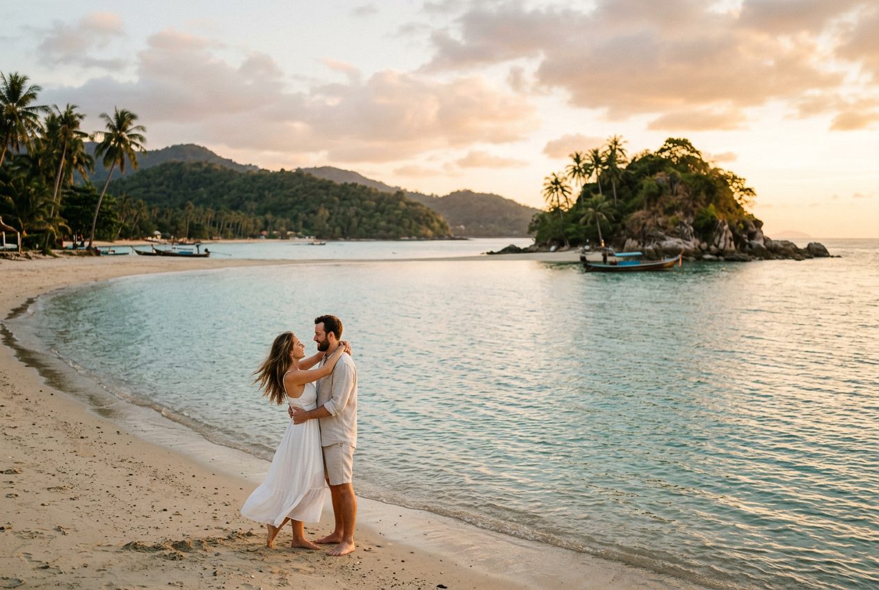Choeng Mon Beach in Koh Samui — a romantic spot to propose (shallow, calm bay with a tiny walk-out island at low tide)