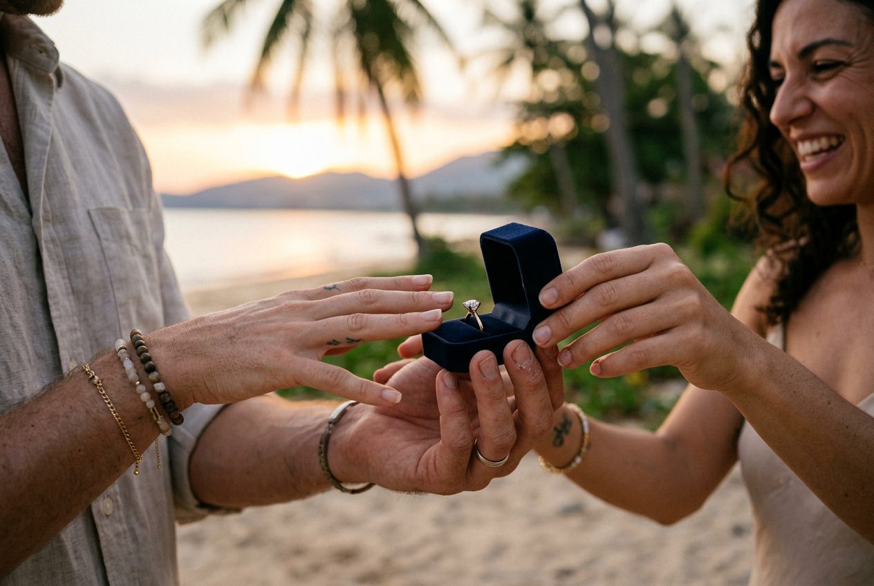 Engagement ring at the moment of a proposal in Koh Samui