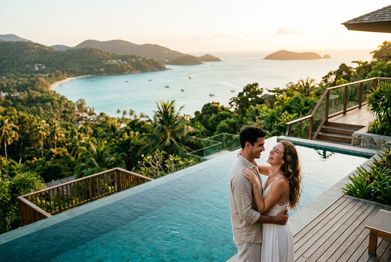 Jungle infinity-pool villa, Chaweng Noi in Koh Samui — a romantic spot to propose (hillside terrace over the bay, full privacy)