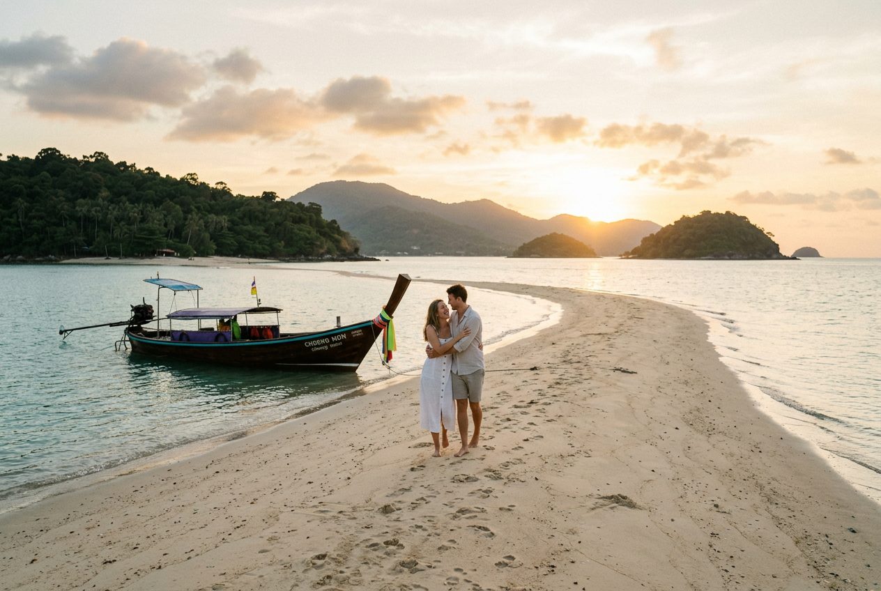 Koh Som sandbar in Koh Samui — a romantic spot to propose (private longtail from Choeng Mon, empty at sunrise)